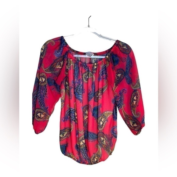 Sweet Pea Pink Paisley Fashion Top Off Shoulder Fitted Crop Waist Sheer Size XS - Picture 1 of 7